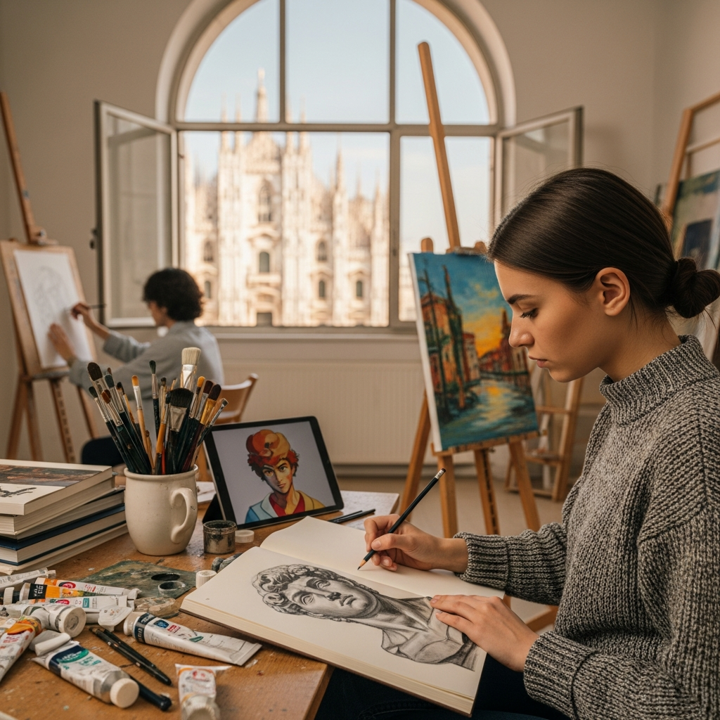 Elegante studio d'arte contemporaneo con artisti che creano opere moderne in un atelier luminoso di Milano