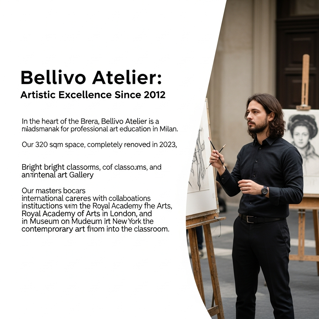 Interno luminoso e moderno dell'atelier Bellivo a Milano con cavalletti professionali, opere d'arte contemporanee e ampie vetrate